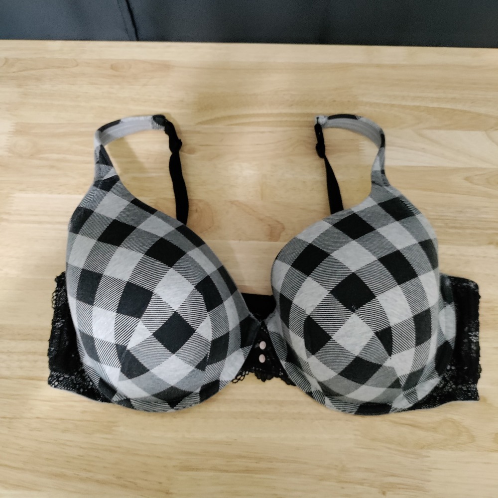 Cacique Black Gray Buffalo Plaid Cotton T-Shirt Bra 42DD Lace Trim
